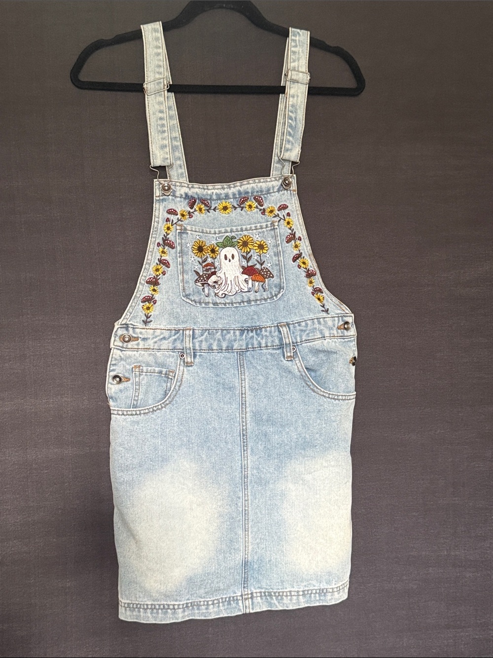 Thorn & Fable Overall Dress with Embroidered Ghost & Flowers